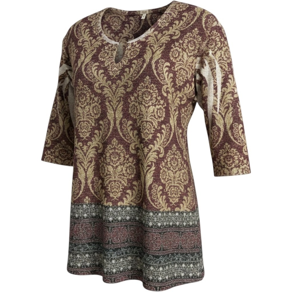 Reba Woman 3X Burgundy Gold Metallic Damask Knit Top 3/4 Sleeve Split Neck